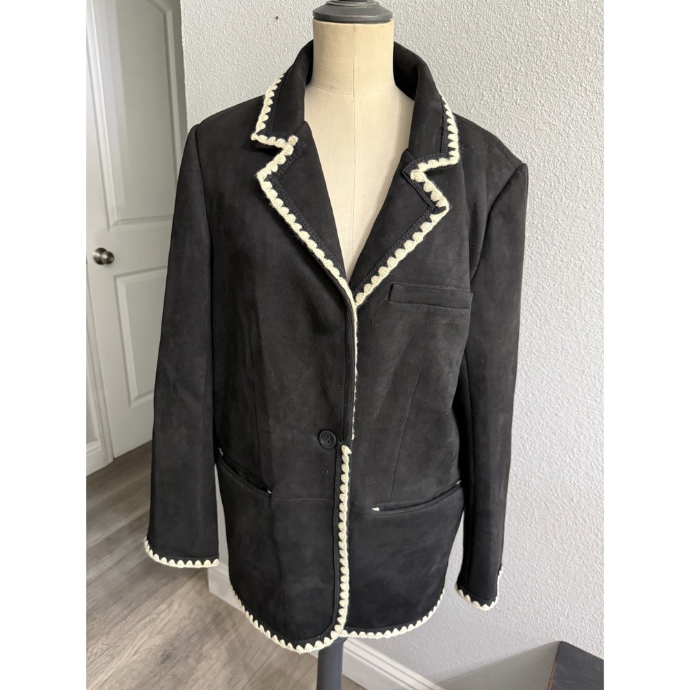 Miss Me Black Suede Lined Jacket Stitch Blazer Small Medium Shoulder Pads